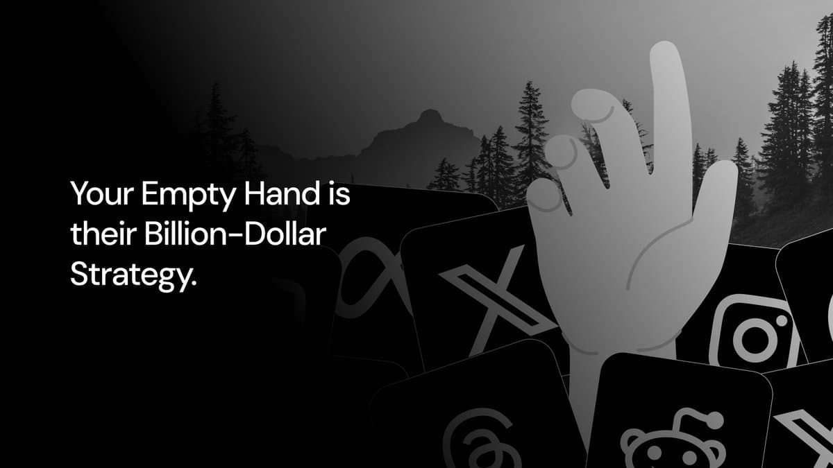 An empty hand surrounded by social media icons (X, Instagram, Meta), symbolizing how big platforms profit from keeping your hand empty—highlighted by the headline: 'Your Empty Hand is their Billion-Dollar Strategy.'
